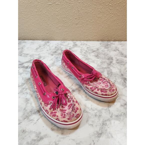 Sperry Top-Sider Girls Pink Leopard Pattern Biscayne 1 Eye Sequin‎ Boat Shoe 4M - Picture 1 of 8